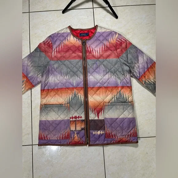 DAMAGE Polo Ralph Lauren Quilted Leather Trim Southwest Aztec Multi Color Jacket - Picture 6 of 12